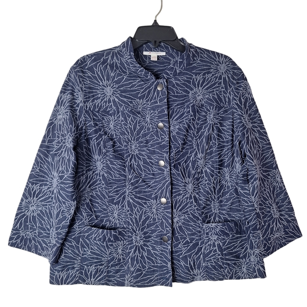 JM Collection SZ 14 Lightweight Denim Floral Embroidered Jacket Pockets Stretch